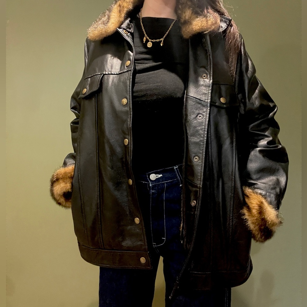 Terry Lewis Classic Luxuries Black 100% Leather Faux Fur Lining Snap Front Coat